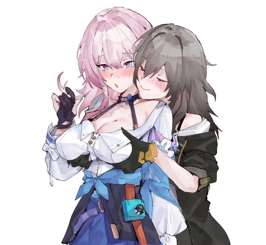 wktfrv47n, honkai (series), honkai: star rail, march 7th (honkai: star rail), stelle (honkai: star rail), 2girls, blush, breasts, chestnut mouth, cleavage, closed eyes, closed mouth, gloves, grabbing, grabbing another's breast, grey hair, jacket, large breasts, multicolored eyes, multiple girls, partially fingerless gloves, pink hair, simple background, tied jacket, trailblazer (honkai: star rail), white background, yuri, highres