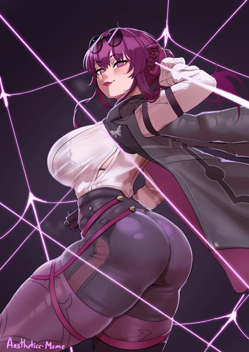 aestheticc-meme, honkai (series), honkai: star rail, kafka (honkai: star rail), 1girls, ass, breasts, clothed, dat ass, eyewear on head, female, huge ass, huge breasts, light skin, purple eyes, purple hair, sunglasses on head, thick thighs, tight clothing, hi res