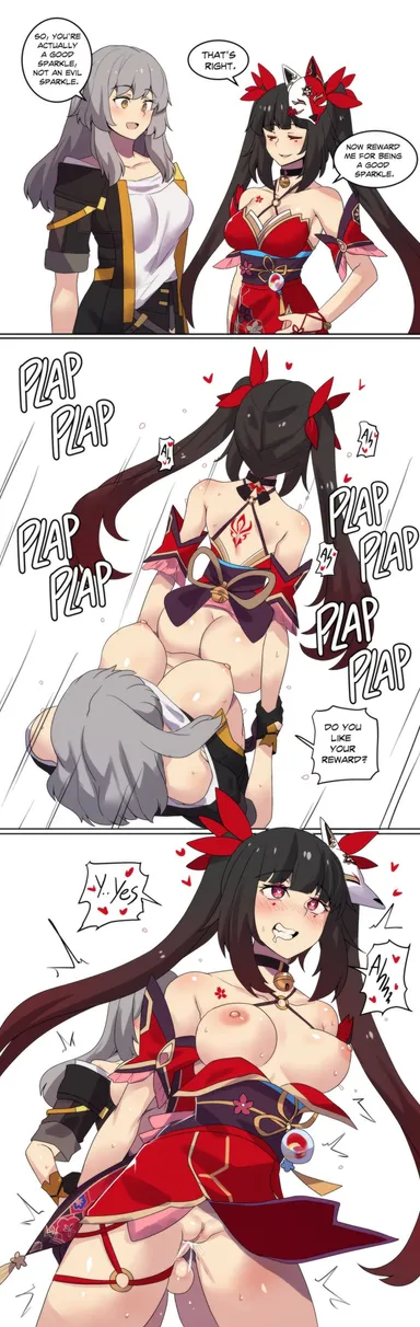 hinghoi, princesshinghoi, honkai (series), honkai: star rail, mihoyo, sparkle (honkai: star rail), stelle (honkai: star rail), trailblazer (honkai: star rail), 1futa, 1girls, ass, balls, bell collar, bent over, big ass, big boobs, big breasts, big butt, black hair, boobs, bottomless, breasts, breasts out, breasts out of clothes, breasts outside, butt, closed eyes, clothed, clothing, dark hair, defeated with sex, duo, eyes, eyes closed, eyes open, female, fox mask, fully clothed, futa on female, futanari, golden eyes, grabbing, grabbing from behind, grey hair, grin, grinning, hair, heart, heart eyes, heart-shaped pupils, hearts, human, jingle bell, jingle bell collar, kimono, light skin, light-skinned female, light-skinned futanari, long hair, mask, mask on head, mostly nude, nipples, open eyes, penis, penis in pussy, pussy, pussy juice, pussy juice drip, red eyes, red kimono, sex, standing, sweat, sweatdrop, sweating, sweaty, sweaty ass, sweaty body, sweaty breasts, sweaty butt, sweaty face, sweaty legs, sweaty thighs, t-shirt, teeth, teeth clenched, teeth showing, teeth visible, topless, vagina, vaginal, vaginal insertion, vaginal penetration, vaginal sex, white skin, white t-shirt, white-skinned female, white-skinned futanari, 3koma, comic, dialogue, english, english dialogue, english text, instant loss, simple background, text, text bubble