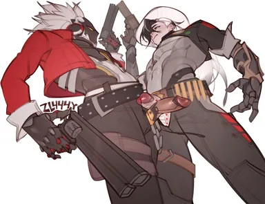 zl444y, honkai: star rail, zenless zone zero, billy kid (zenless zone zero), boothill (honkai: star rail), android, cowboy, cowboy hat, cyborg, frottage, gay, gun, holding gun, jacket, long hair, male, male focus, male only, penis, penis out, robot, white hair, yaoi, crossover