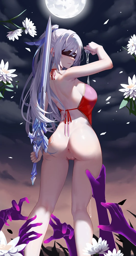 aoi (buzhuen444), honkai (series), honkai: star rail, jingliu (honkai: star rail), anus, ass, black blindfold, blindfold, bottomless, breasts, dress, female, from behind, full moon, grey hair, hair between eyes, heart, high ponytail, long hair, looking at viewer, medium breasts, moon, nipples, red dress, reverse grip, solo, sword, sword behind back, weapon, censored, heart censor