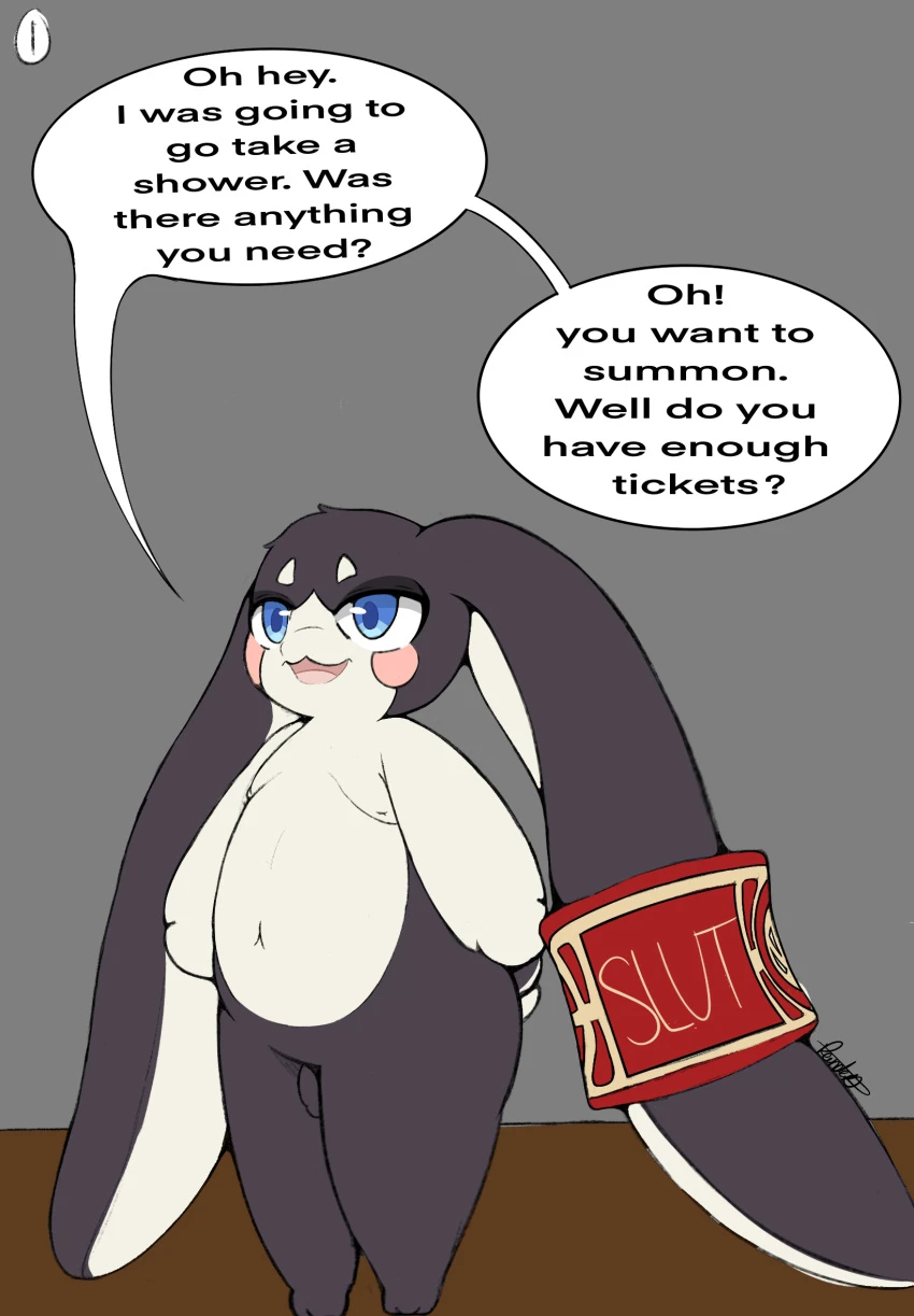 softpandabear, honkai (series), honkai: star rail, pom-pom (honkai: star rail), anthro, ass, black body, black fur, blue eyes, blush, clothing, duo, fur, genitals, lagomorph, leporid, male, male/male, mammal, moobs, nipples, nude, open mouth, penis, rabbit, simple background, smile, solo, white body, white fur, digital media (artwork), hi res, speech bubble, text