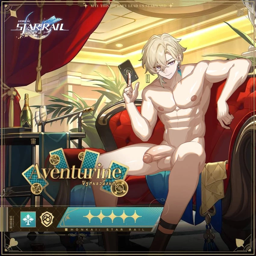 arataa shin, honkai (series), honkai: star rail, aventurine (honkai: star rail), 1boy, abs, balls, ballsack, blonde hair, dick, male, male only, naked, naked male, penis, socks, socks only, solo, solo male, thick penis