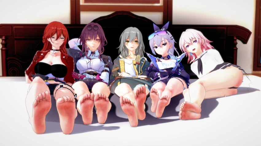 honkai (series), honkai: star rail, himeko (honkai: star rail), kafka (honkai: star rail), march 7th (honkai: star rail), silver wolf (honkai: star rail), stelle (honkai: star rail), 5girls, barefoot, bedroom, blue eyes, brown eyes, closed mouth, drill hair, drill ponytail, expressionless, feet, feet focus, female protagonist, foot fetish, grey eyes, grey hair, grin, happy, large breasts, lipstick, long hair, looking at viewer, on bed, open mouth, pink hair, purple eyes, purple hair, red hair, short hair, sitting on bed, small breasts, smile, sunglasses, sunglasses on head, take your pick, yellow eyes, 3d