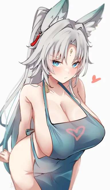 xlyami, honkai (series), honkai: star rail, feixiao (honkai: star rail), apron, arms behind back, blue apron, blue eyes, breasts, cleavage, closed mouth, collarbone, female, grey hair, heart, huge breasts, long hair, looking at viewer, naked apron, sideboob, solo, thighs, 2024, grey background, hi res, simple background