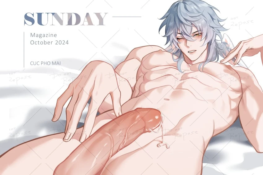 honkai: star rail, sunday (honkai: star rail), 1boy, gay, male, male only, naked male, penis, penis awe, pretty boy, solo