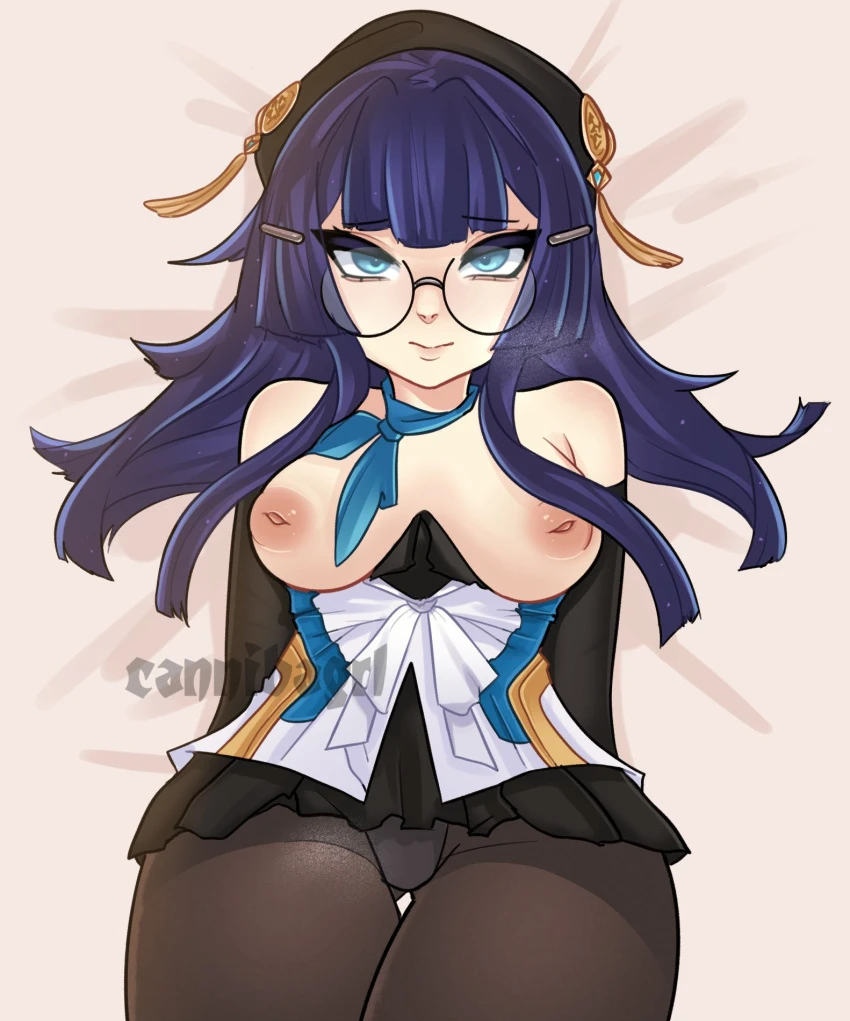 cannibagrl, honkai: star rail, pela (honkai: star rail), 1girls, blue eyes, blue hair, breasts, breasts out, female, glasses, large breasts, nipples, thick thighs, wide hips, tagme