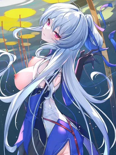 misheng liu yin, honkai (series), honkai: star rail, jingliu (honkai: star rail), back view, blue hair, blush, breasts, medium breasts, pink eyes, very long hair, uncensored