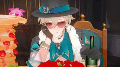 kiryuma, honkai (series), honkai: star rail, aventurine (honkai: star rail), 1boy, blonde hair, earrings, gay, glasses, gloves, hat, jewelry, male, male only, neck tattoo, solo, suggestive, suggestive gesture, twink, wine bottle, yaoi, 3d, animated, mp4, no sound, tagme, video