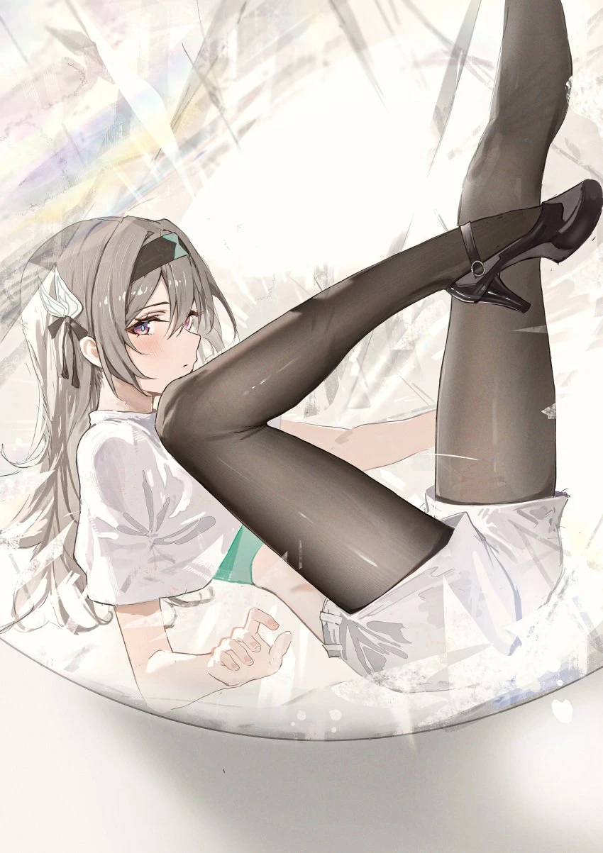 hidulume, honkai: star rail, firefly (honkai: star rail), black stockings, clothed, gray hair, green bra, hair ornament, headband, heels, high heels, legs up, lying on back, non-nude, one leg bent, purple eyes, short shirt, shorts, stockings, white background, white shirt, white shorts, 2d