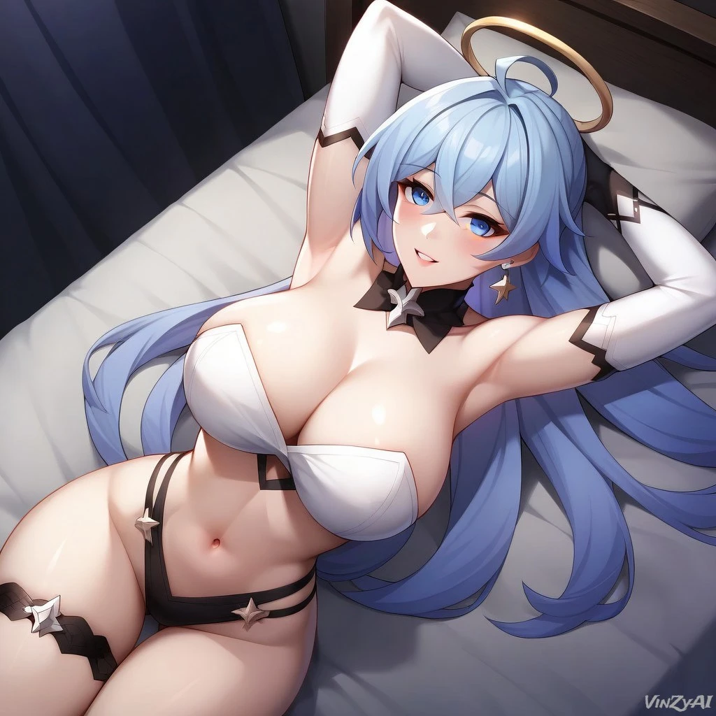 vinzyai, honkai: star rail, robin (honkai: star rail), big breasts, bra, breasts, cleavage, cowboy shot, female, long hair, panties, smile, thighs, ai generated, hi res