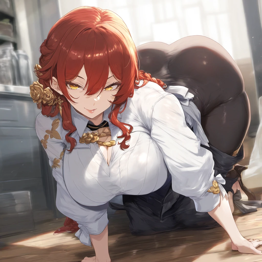 jaygoats, honkai: star rail, himeko (honkai: star rail), big ass, big breasts, cleavage, floor, kitchen, looking at viewer, on all fours, red hair, seductive eyes, seductive look, seductive smile, smile, thick thighs, ai generated