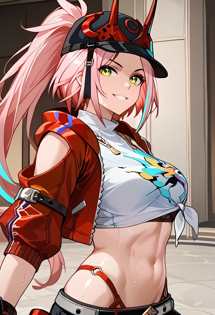 honkai: star rail, rappa (honkai: star rail), green eyes, looking at viewer, midriff, pink hair, smile, sweat, ai generated