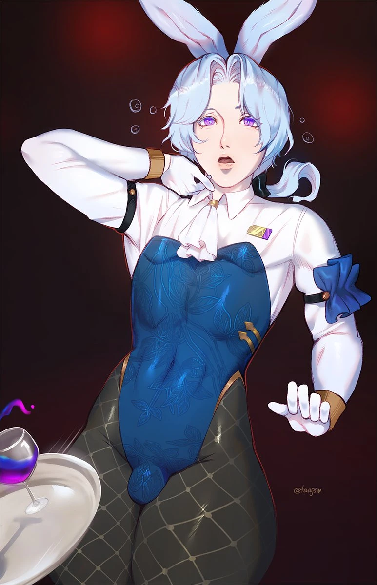 targso, honkai (series), honkai: star rail, misha (honkai: star rail), 1boy, aqua hair, bulge, bunny ears, bunnysuit, femboy, fishnet pantyhose, looking at viewer, male, male only, pantyhose, purple eyes, solo, thick thighs, 2024