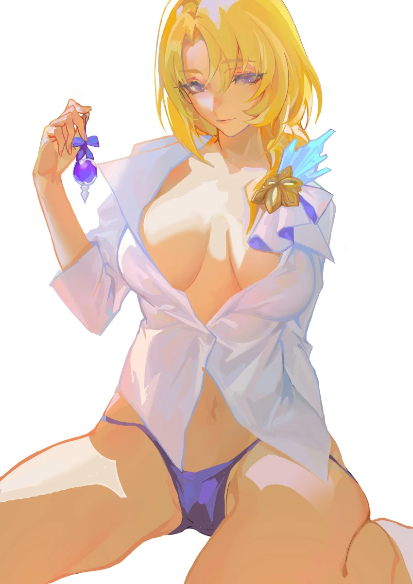 guiguz, honkai (series), honkai: star rail, cocolia rand, 1girls, blonde hair, blue panties, female, female only, solo, unbuttoned shirt