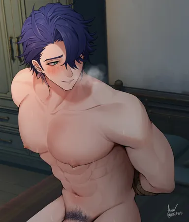 asaifrit, honkai: star rail, sampo (honkai star rail), 1boy, abs, blue hair, blush, blushing, erect nipples, gay, happy trail, muscular, muscular male, musk, penis, pubic hair, rope, slut, sweatsweating, tied hands, tied up, visible penis, yaoi