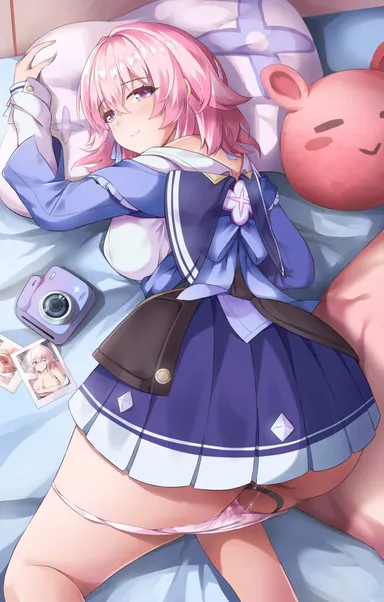 zuikillme, honkai (series), honkai: star rail, march 7th (honkai: star rail), 1girls, photograph, pillow, pillow grab, pink hair, pink panties, skirt lift