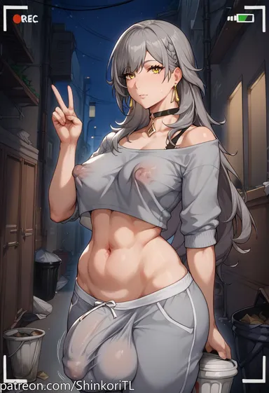 shinkoritl, honkai (series), honkai: star rail, hoyoverse, stelle (honkai: star rail), trailblazer (honkai: star rail), 1futa, abs, alley, back alley, big areola, big ass, big balls, big breasts, big nipples, big penis, bulge, camera, camera overlay, camera view, choker, earrings, exposed shoulders, expressionless, flaccid, flaccid penis, futa only, futanari, grey clothing, grey hair, huge ass, huge balls, huge cock, jewelry, long hair, looking at viewer, motion lines, navel, nipple bulge, nipples, nipples visible through clothing, overlay, pants, peace sign, penis, penis bulge, puffy nipples, shoulders, solo, solo focus, solo futa, sportswear, standing, sweat pants, thick, thick thighs, toned, toned futa, trash, trash can, visible, wide hips, yellow eyes, ai generated