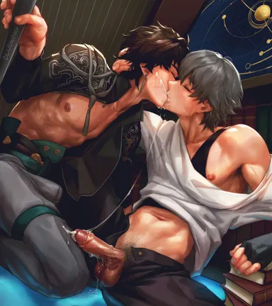 bludwing, honkai (series), honkai: star rail, caelus (honkai: star rail), dan heng, 2boys, abs, after cumshot, after fellatio, armpit hair, balls, ballsack, belly button, bulge, bulge through clothing, closed eyes, cum, cum drip, cum in mouth, cum kiss, cum on face, cum on pants, cum on penis, cum string, dick, erect penis, erection, gay, gay kissing, gloves, hands behind head, kiss on lips, kissing, male, male only, male/male, nipples, pants, pants open, penis, penis out, pubic hair, shirtless, sweat, sweaty body, yaoi