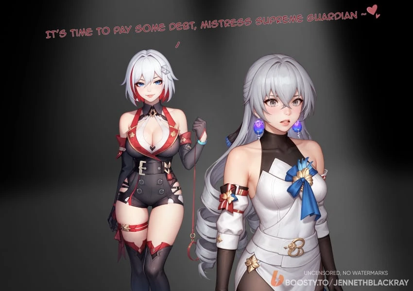 jenneth blackray, honkai: star rail, bronya zaychik, topaz (honkai: star rail), 2girls, ai-created, ambiguous background, animal collar, backless outfit, bangs, bare shoulders, belt, black footwear, black gloves, black legwear, black shorts, blue eyes, bob cut, boots, breasts, brown gloves, caught, cleavage, clothing, collar, collared dress, colored inner hair, crossed bangs, detached sleeves, dress, drill hair, earrings, elbow gloves, evil smile, female, footwear, gloves, gradient, gradient backgroundblack background, grey eyes, grey hair, grin, hair between eyes, hair intakes, hair ornament, hair ribbon, hairpin, hand up, high-waist shorts, holding leash, imminent sex, implied yuri, jewelry, large breasts, leash, legwear, lips, long hair, medium breasts, multicolored hair, multiple girls, overalls, pantyhose, parted lips, red hair, ribbon, short hair, shorts, silver hair, smile, standing, streaked hair, tearing up, teeth, thigh boots, thigh gap, thigh strap, thighhighs, thighs, twin drills, two-tone hair, very long hair, white dress, white hair, yuri, ai generated, english language, english text, high resolution, stable diffusion, text