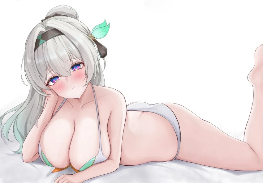 honkai: star rail, firefly (honkai: star rail), 1girls, ass, bikini, blush, blushing, booty, cute, half updo, half-closed eyes, hand on head, huge breasts, legs up, looking at viewer, lying on bed, lying on stomach, smile