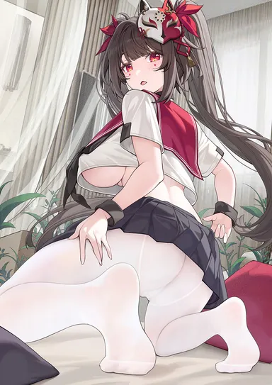 catsmoon, honkai (series), honkai: star rail, sparkle (honkai: star rail), alternate costume, ass, black hair, black skirt, blush, breasts, brown hair, female, fox mask, from behind, indoors, kneeling, large breasts, long hair, looking at viewer, looking back, mask, mask on head, miniskirt, open mouth, pantyhose, red eyes, shirt, short sleeves, skirt, soles, solo, thighs, twintails, white pantyhose, white shirt, highres