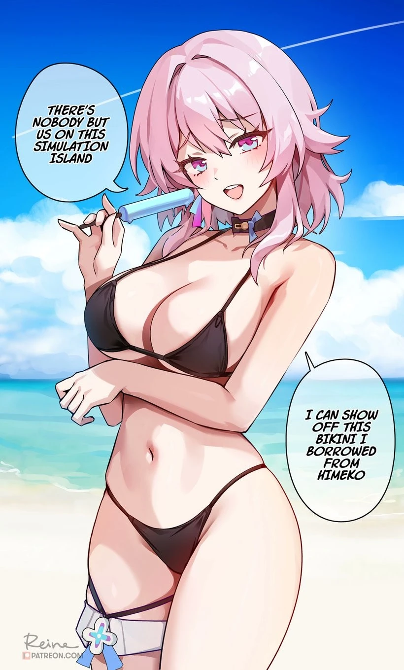 honkai (series), honkai: star rail, hoyoverse, march 7th (honkai: star rail), 1girls, beach, big breasts, black bikini, blue eyes, choker, pink hair, short hair, thighs, 2024, 2d, dialogue, english text, hi res, speech bubble, text