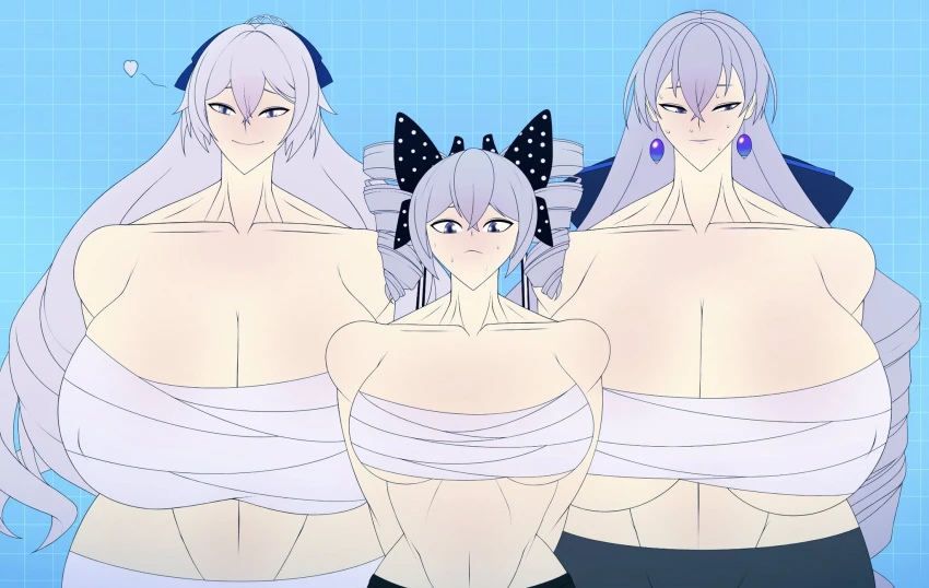 dragonbreaker, honkai (series), honkai impact 3rd, honkai: star rail, mihoyo, bronya rand, bronya zaychik, bronya zaychik (silverwing: n-ex), 3girls, arms behind back, bandage, bangs, earrings, giant breasts, gigantic breasts, grey hair, headwear, huge breasts, larger female, nipple bulge, pants, ribbons, shy, silver eyes, smaller female, smiling, smiling at viewer, sweating, thick thighs, crossover, first porn of character