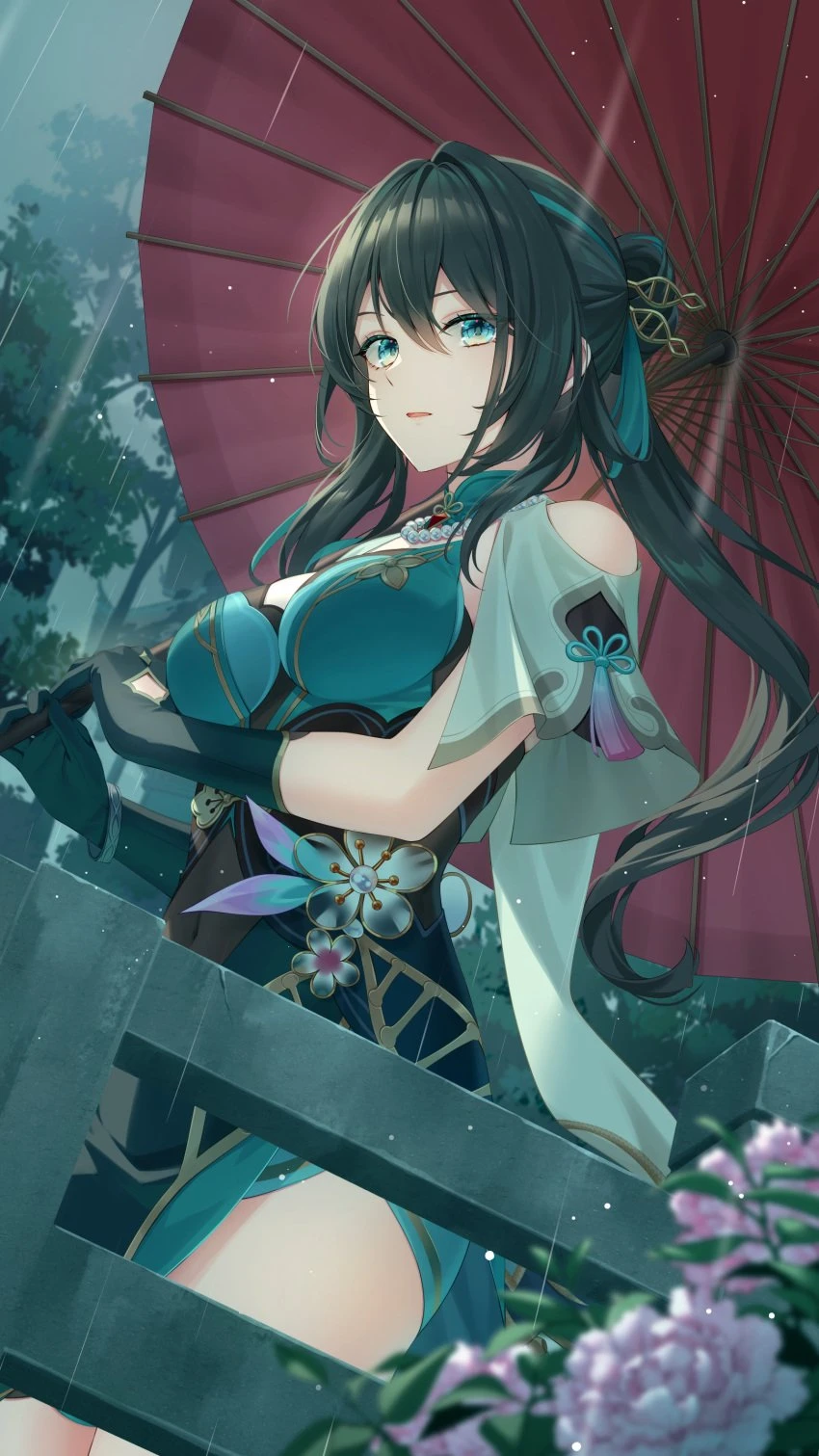 honkai: star rail, ruan mei (honkai: star rail), 1girls, breasts, chinese clothes, clothed, cloudy sky, covered navel, female, fence, flower, gloves, hips, light skin, light-skinned female, long hair, looking at viewer, looking to the side, necklace, open mouth, outdoors, outside, parted lips, rain, raining, sky, solo, streaked hair, thighs, umbrella