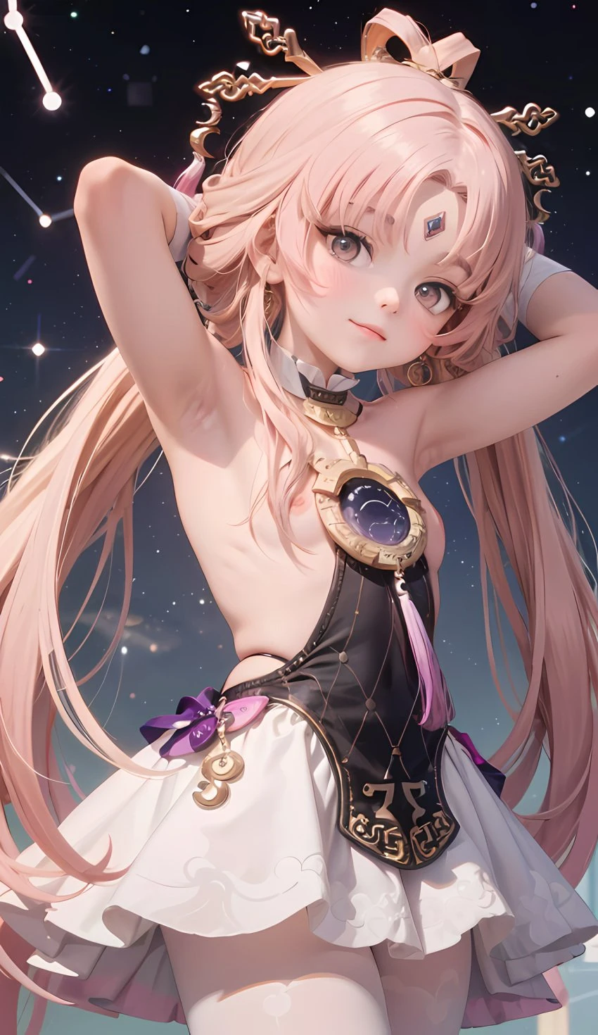 cortezian generations, honkai (series), honkai: star rail, patreon, fu xuan (honkai: star rail), 1girls, armpits, bare breasts, bare shoulders, blush, constellation, dress, female, flat chest, forehead jewel, gloves, gold eyes, hair ornament, hairbow, leash, long hair, low twintails, night sky, nipples, petite, pink hair, small breasts, smile, solo, stars, stockings, tassel, thick thighs, thighs, twintails, ai generated, hi res