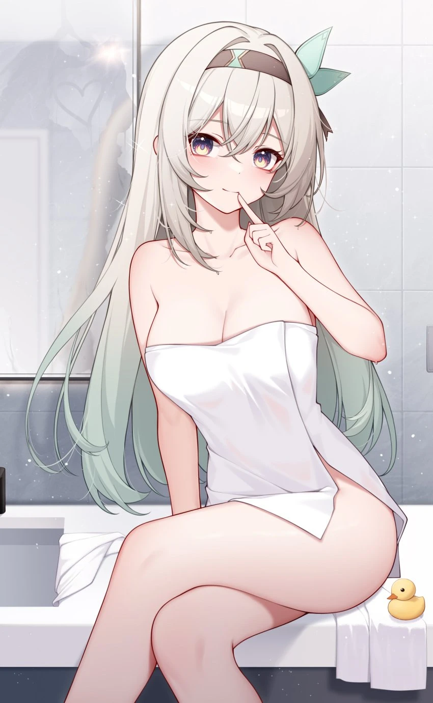 artist request, honkai: star rail, hoyoverse, firefly (honkai: star rail), 1girls, bare legs, bare thighs, bath, breasts, cleavage, female, looking at viewer, solo, thighs, towel, tagme