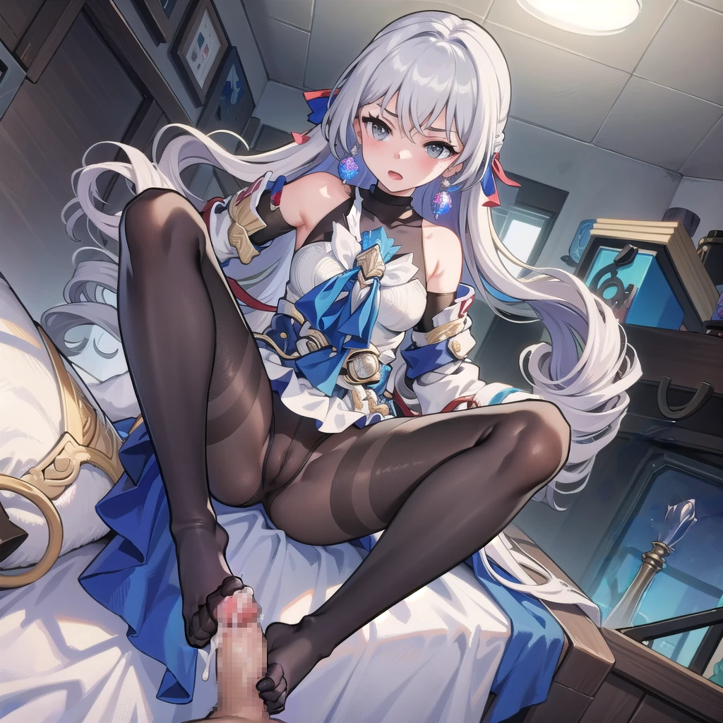 honkai: star rail, bronya rand, 1boy, 1girls, bare shoulders, black pantyhose, blush, bodystocking, cameltoe, cum, cum on feet, detached sleeves, dress, drill hair, ejaculation, feet, footjob, footjob with legwear, grey eyes, grey hair, long hair, looking at viewer, medium breasts, open mouth, pantyhose, penis, silver eyes, silver hair, spread legs, thighs, two-footed footjob, ai generated, censored, mosaic censoring