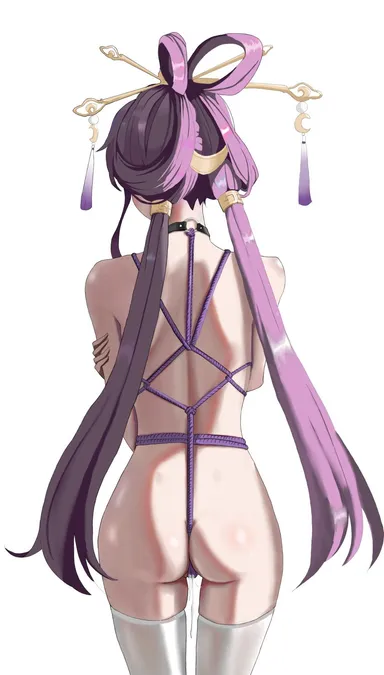 honkai (series), honkai: star rail, fu xuan (honkai: star rail), ass, bondage, bound, bow-shaped hair, choker, crescent, crescent hair ornament, crotch rope, female, hair ornament, hair rings, hair stick, long hair, low twintails, nude, o-ring, o-ring choker, purple hair, purple rope, purple tassel, pussy juice, rope, shiny skin, solo, standing, tassel, tassel hair ornament, thighhighs, twintails, white thighhighs, yi yanhua er qing, absurdres, commentary request, highres