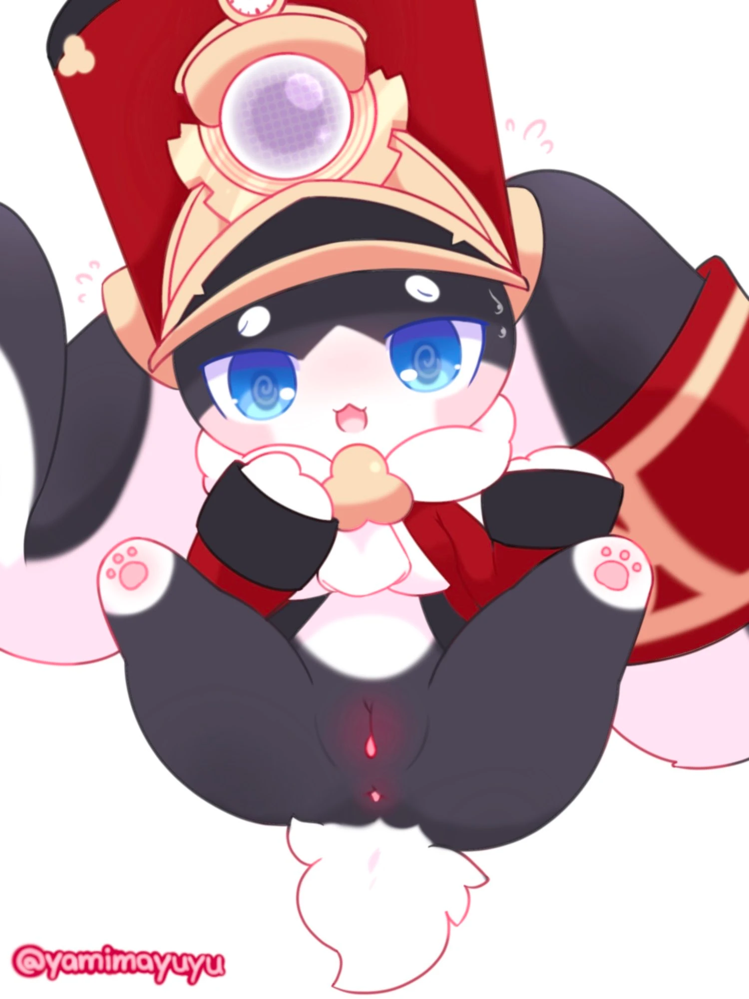 nakimayo, honkai: star rail, mihoyo, pom-pom (honkai: star rail), anus, belly, black body, black fur, blush, bodily fluids, body blush, bottomless, clothed, clothing, embarrassed, female, feral, fluffy, fluffy tail, fur, genitals, hat, headgear, headwear, lagomorph, leporid, long ears, mammal, pawpads, paws, pink anus, pink cheeks, pink pussy, pussy, pussy blush, rabbit, simple background, solo, spiral eyes, sweat, tail, white background, white belly, digital drawing (artwork), digital media (artwork), hi res