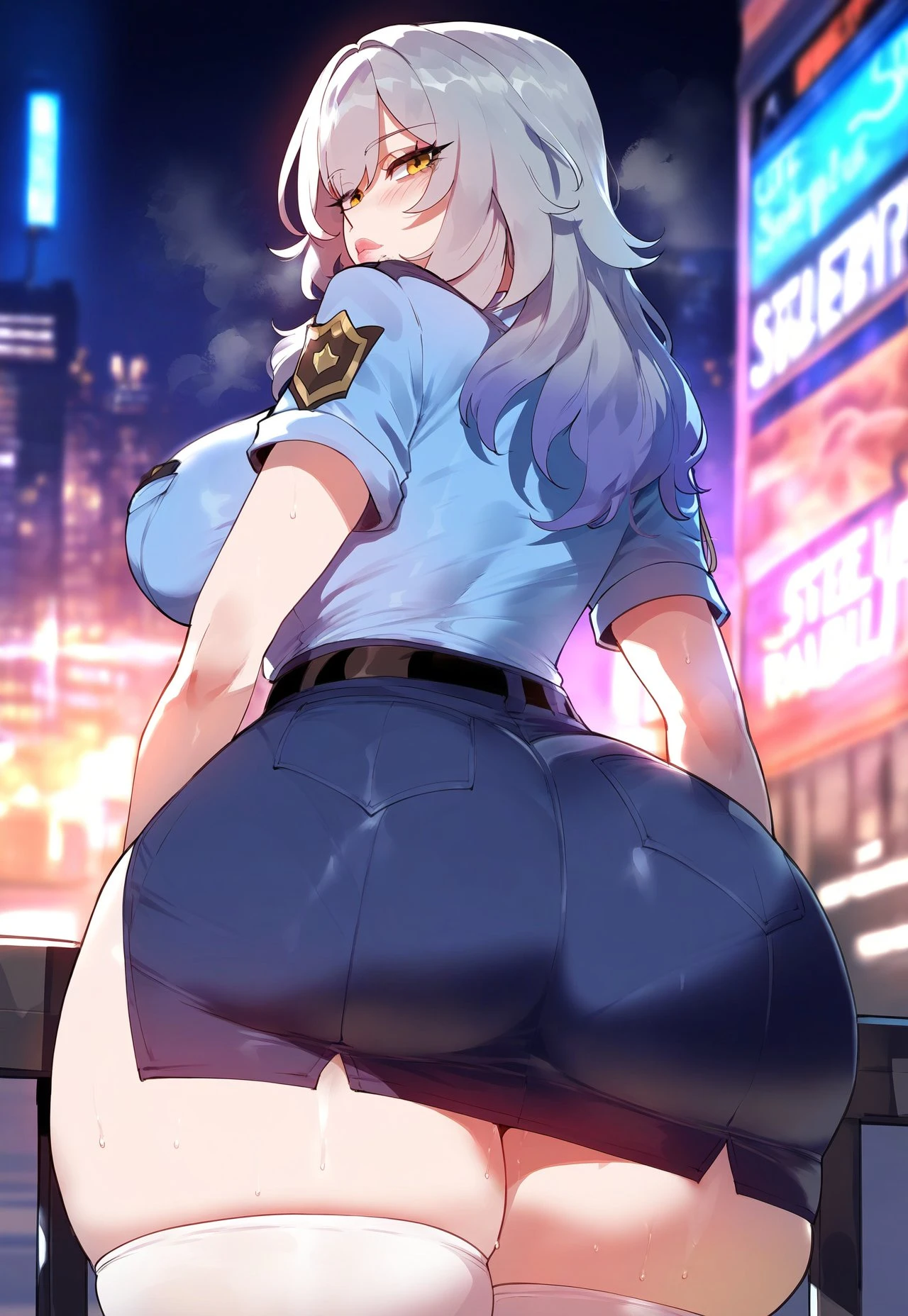 miyuai, honkai: star rail, stelle (honkai: star rail), 1girls, ass, ass cleavage, ass focus, big ass, big breasts, big butt, big thighs, city, female, female focus, female only, huge ass, huge breasts, huge butt, huge thighs, imminent anal, imminent fellatio, imminent oral, imminent sex, imminent vaginal, large, large ass, large breasts, large butt, large thighs, looking at viewer, looking back, night, outdoors, police, police uniform, policewoman, silver hair, solo, solo female, solo focus, thick, thick ass, thick butt, thick hips, thick legs, thick lips, thick thighs, thigh highs, thighhighs, thighs, voluptuous, voluptuous female, wide hips, yellow eyes, ai generated, hi res, nai diffusion, stable diffusion, thiccwithaq (ai style)