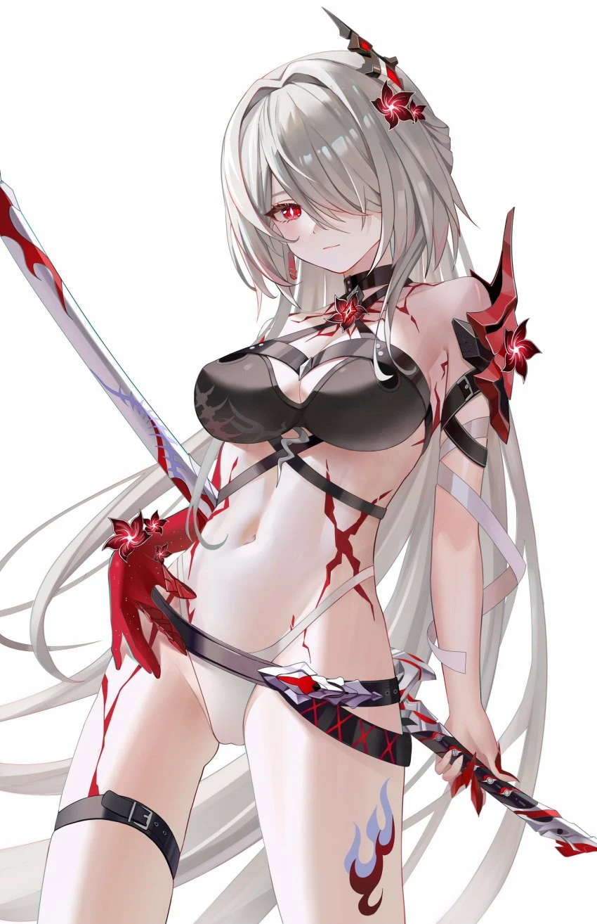 blhazx, honkai (series), honkai: star rail, acheron (honkai: star rail), 1girls, bare shoulders, belt, black belt, black choker, breasts, choker, cleavage, cowboy shot, female, female only, flower, grey hair, hair flower, hair intakes, hair ornament, hair over one eye, halterneck, holding, holding sword, holding weapon, large breasts, leg tattoo, long hair, looking at viewer, midriff, navel, official alternate color, red eyes, red flower, scabbard, sheath, sheathed, simple background, solo, standing, stomach, sword, tattoo, thigh strap, thighs, very long hair, weapon, white background, absurdres, highres, revision