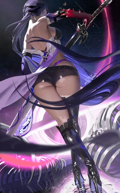 zumi, honkai: star rail, acheron (honkai: star rail), ass focus, purple hair, skimpy clothes, sword, thick thighs, tagme