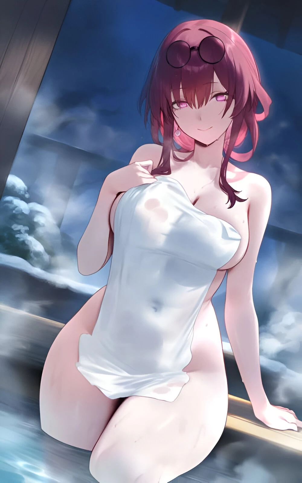 setsuaiart, honkai: star rail, kafka (honkai: star rail), arm support, ass visible through thighs, bare arms, bare legs, bare shoulders, bare thighs, belly button visible through clothing, big breasts, breasts, cleavage, closed mouth, collarbone, earrings, groin, hot spring, long hair, mature female, naked towel, onsen, outdoors, purple eyes, purple hair, smile, sunglasses on head, thighs, towel, wet body, winter, ai generated