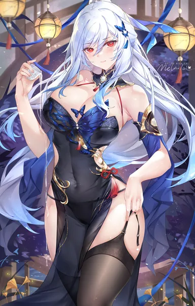 melailai, honkai: star rail, jingliu (honkai: star rail), 1girls, bare shoulders, black dress, black panties, black thighhighs, blush, breasts, cleavage, closed mouth, covered navel, dress, hair between eyes, large breasts, long hair, looking at viewer, panties, pelvic curtain, red eyes, solo, thighs, threesome, white hair