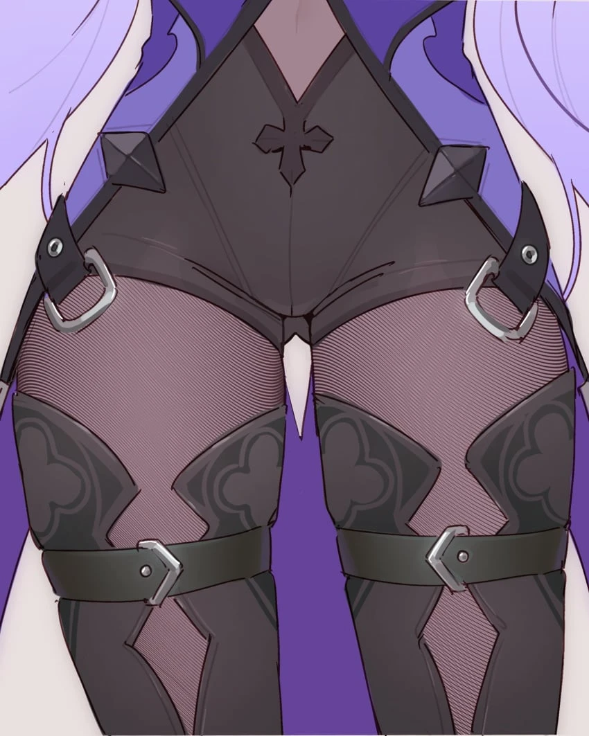 liniora, honkai (series), honkai: star rail, black swan (honkai: star rail), belt, belt buckle, black belt, black pantyhose, buckle, close-up, clothed, covered navel, dress, female, hair spread out, long hair, navel, pantyhose, pantyhose under shorts, purple dress, purple hair, shorts, solo, thigh gap, thighhighs, very long hair, wide hips, highres