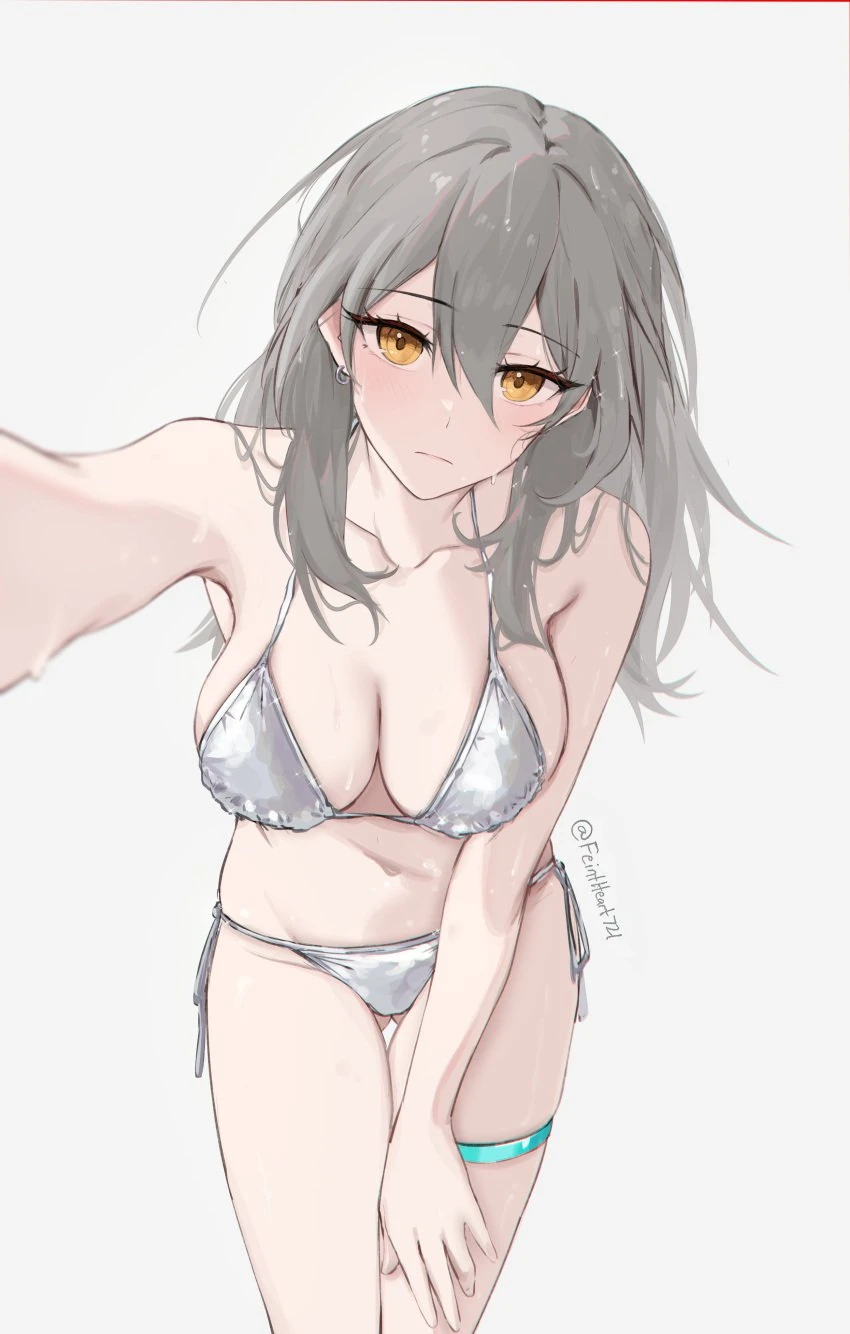 feint721, honkai: star rail, stelle (honkai: star rail), trailblazer (honkai: star rail), 1girls, armpits, ass visible through thighs, bare armpits, bare arms, bare belly, bare chest, bare hands, bare hips, bare legs, bare midriff, bare navel, bare shoulders, bare skin, bare thighs, belly, belly button, bikini, bikini bottom, bikini only, bikini top, blush, blushing female, breasts, cleavage, collarbone, dot nose, ear piercing, earrings, elbows, eyebrows visible through hair, female, female focus, female only, fingers, grey eyebrows, grey hair, grey hair female, groin, hair between eyes, half naked, hand on own thigh, hand on thigh, hourglass figure, large breasts, leaning forward, legs, light skin, light-skinned female, lips, long hair, looking at viewer, medium breasts, naked, naked female, navel, nude, nude female, orange eyes, orange eyes female, pussy, shoulders, side-tie bikini, silver bikini, silver bikini bottom, silver bikini top, silver hair, silver hair female, silver swimsuit, simple background, slender body, slender waist, slim girl, slim waist, solo, standing, string bikini, swimsuit, swimwear, thick thighs, thighband, thighs, thin waist, upper body, v-line, white background, white bikini, white bikini bottom, white bikini top, white string bikini, white swimsuit, white swimwear, wide hips, absurd res, absurdres, high resolution, highres