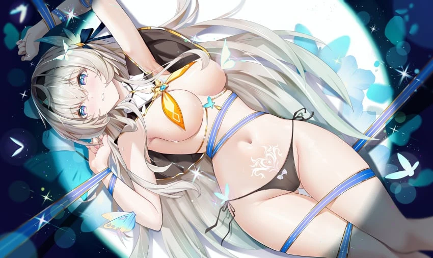 blhazx, honkai (series), honkai: star rail, firefly (honkai: star rail), 1girls, armpits, arms up, ass visible through thighs, black hairband, black panties, breasts, feet out of frame, female, female only, grey hair, groin, hairband, large breasts, long hair, looking at viewer, navel, neckerchief, panties, parted lips, pubic tattoo, purple eyes, solo, stomach, tattoo, thighs, underwear, very long hair, yellow neckerchief, absurdres, highres, revision