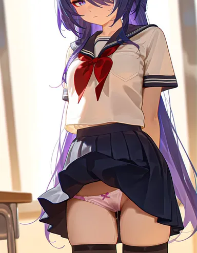 honkai (series), honkai: star rail, acheron (honkai: star rail), 1girls, female, legs, panties, pussy juice, school uniform, schoolgirl, serafuku, skirt, thighhighs, ai generated, highres