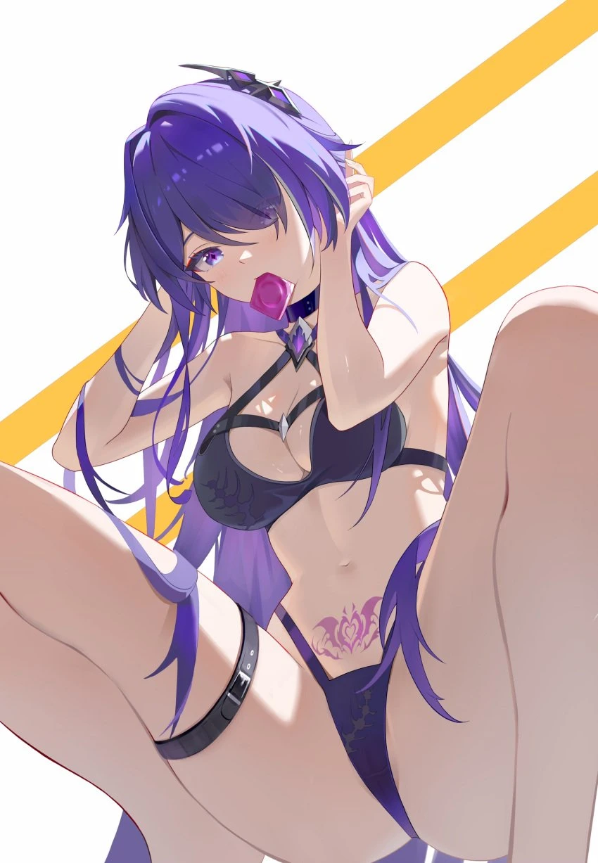 blhazx, honkai (series), honkai: star rail, acheron (honkai: star rail), 1girls, bare arms, bare shoulders, bikini, black bikini, breasts, cleavage, condom, condom wrapper, female, female only, hair ornament, hair over one eye, long hair, looking at viewer, medium breasts, mouth hold, navel, pubic tattoo, purple eyes, purple hair, simple background, solo, squatting, stomach, swimsuit, tattoo, thigh strap, thighs, very long hair, white background, absurdres, commentary request, highres