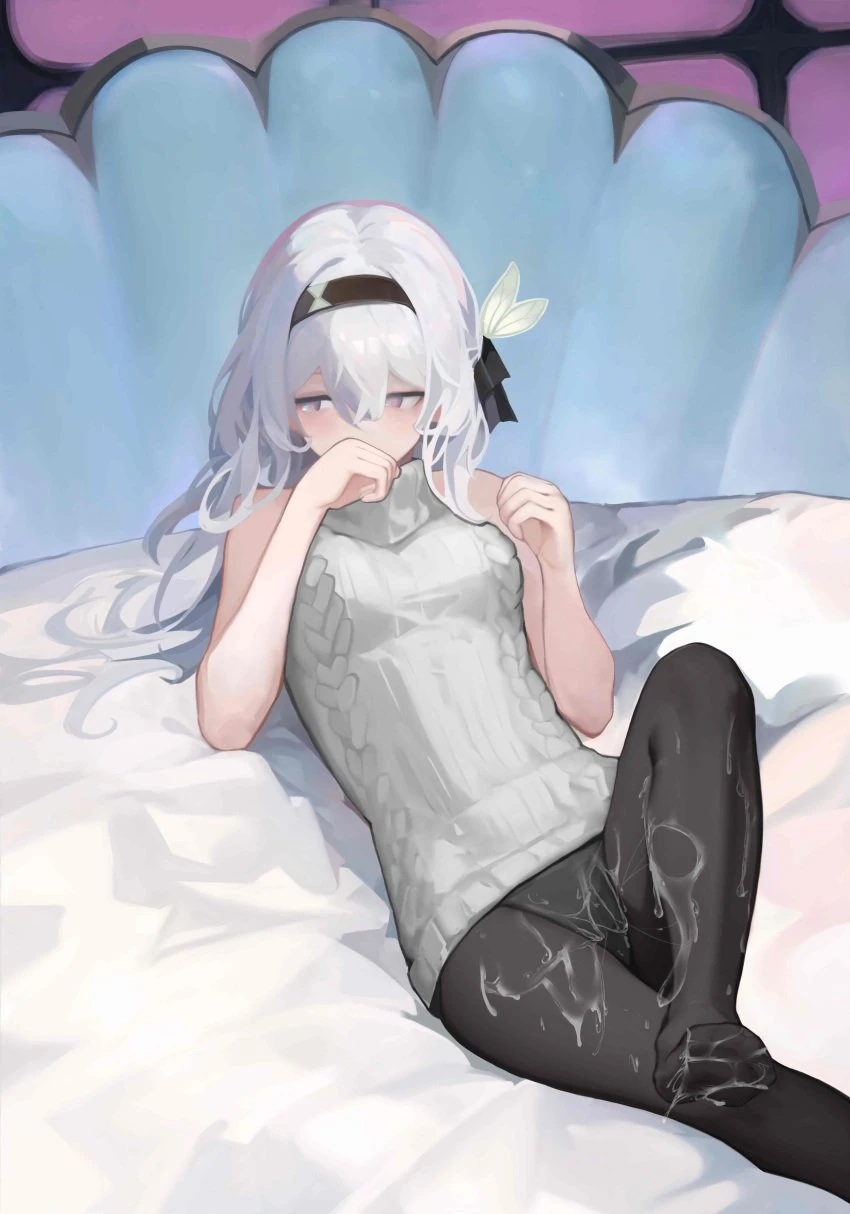 honkai (series), honkai: star rail, firefly (honkai: star rail), bed, black hairband, black pantyhose, black ribbon, covering own mouth, cum, cum on legs, female, grey eyes, hair ribbon, hairband, hands up, leg up, long hair, looking to the side, lying, on back, pantomime, pantyhose, ribbed sweater, ribbon, sleeveless, sleeveless sweater, solo, sweater, white hair, white sweater, absurdres, chinese commentary, commentary request, highres, variant set