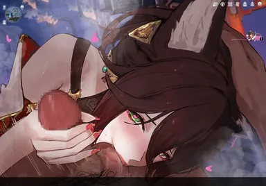 sawaki ken, honkai (series), honkai: star rail, tingyun (honkai: star rail), animal ears, blush, brown hair, dark-skinned male, earrings, fox ears, green eyes, handjob, headpat, heart, heart-shaped pupils, jewelry, male pov, nail polish, penis, pov, pov eye contact, symbol-shaped pupils, testicles, censored, game screenshot, mosaic censoring, user interface