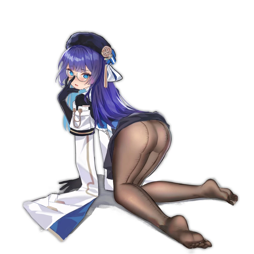 qingli green, honkai (series), honkai: star rail, pela (honkai: star rail), adjusting eyewear, ass, blue eyes, blue hair, blush, clothes lift, dark blue hair, feet, female, glasses, hat, long hair, looking at viewer, pantyhose, parted lips, round glasses, skirt, skirt lift, soles, toes, absurdres, highres