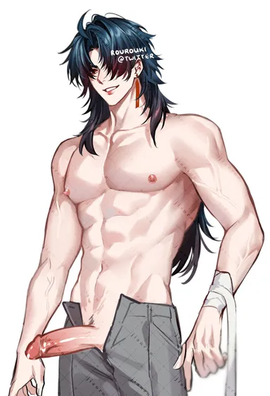 rourouki, honkai (series), honkai: star rail, blade (honkai: star rail), 1boy, abs, bandages, long hair male, male, male only, nipples, pants open, shirtless, smile, solo male, veiny arms