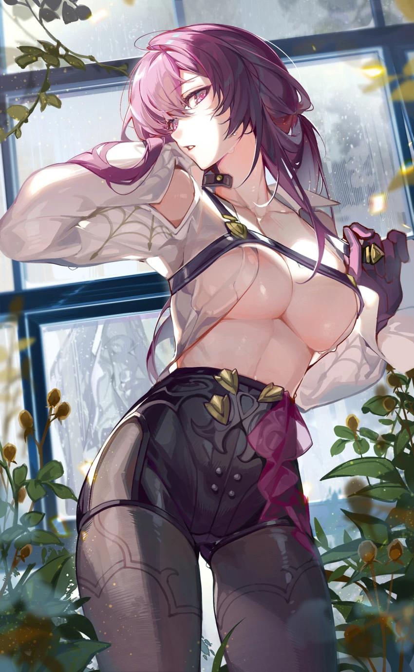 akizero1510, honkai (series), honkai: star rail, kafka (honkai: star rail), 1girls, breasts, harness, looking at viewer, open shirt, pose, purple hair, shorts, stockings