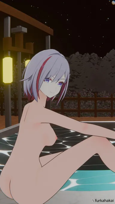 furkahakai, honkai: star rail, topaz (honkai: star rail), 1girls, blue eyes, female, large breasts, light skin, light-skinned female, looking at viewer, nipples, nude, nude female, red hair, two tone hair, white hair